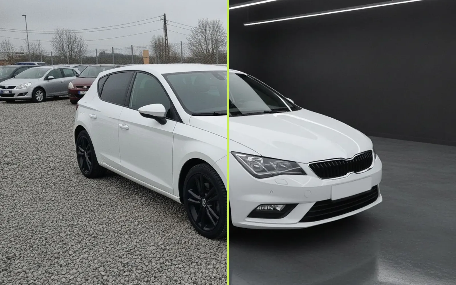 Antes y después: coche en el patio y el mismo coche con fondo de showroom